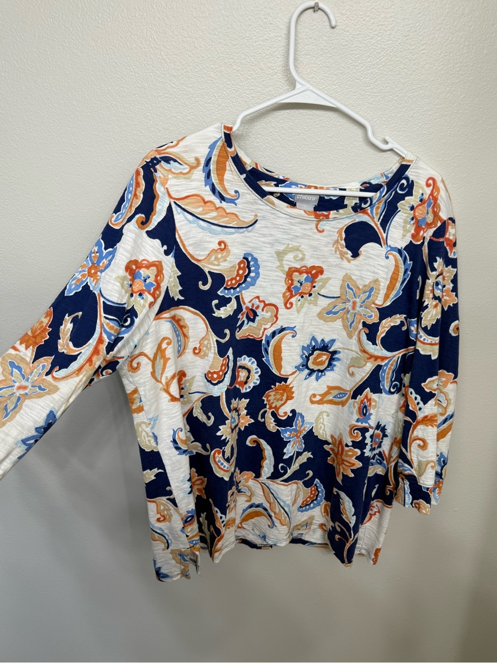 Chico's Navy & Orange Paisley 3/4 Sleeve Top